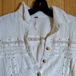 Free People Cream Buttoned Embellished Top